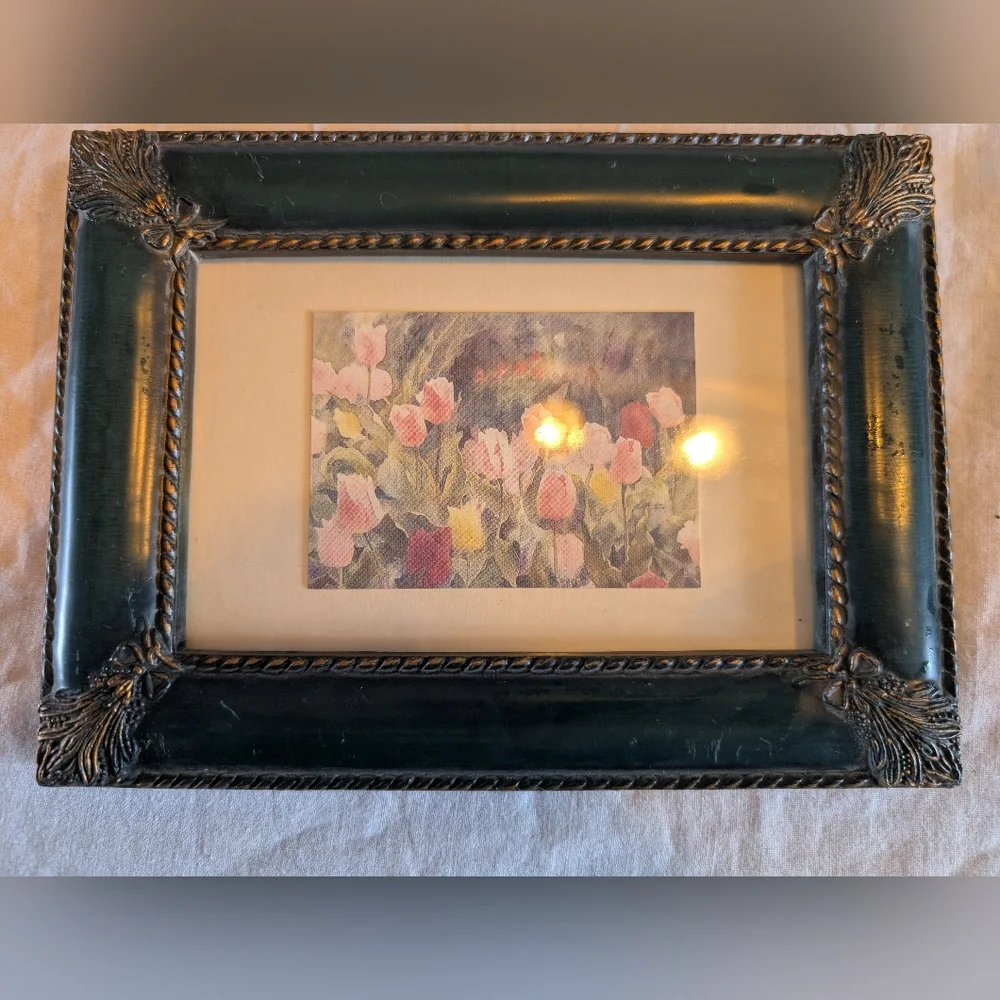 2/50$ Vintage Green and Gold Picture Frame Trio With watercolor Floral Painting - Picture 2 of 5